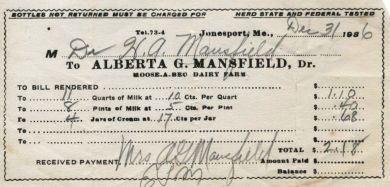 Moose-A-Bec Dairy Farm receipt Dec. 1936