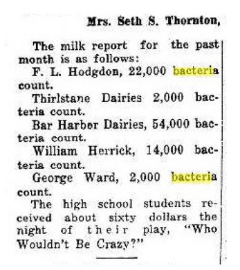 Milk report showing bacteria counts (Thirlstaine Dairies)