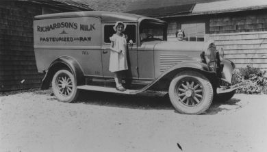 Pauline Black and Alberta Richardson with milk truck